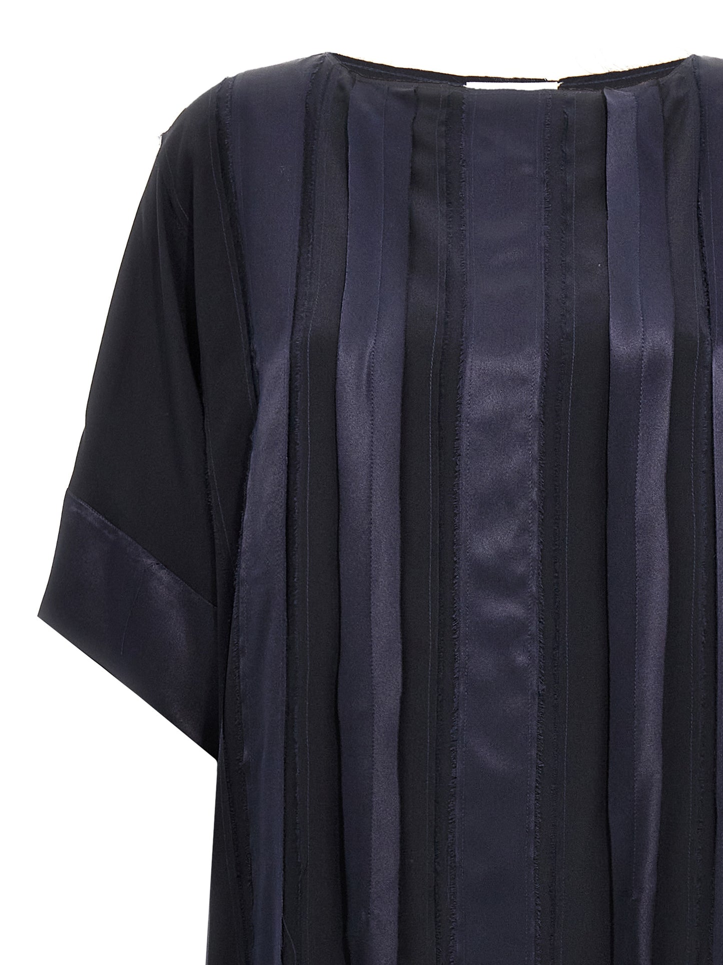 Dress by DI.LA3 PARI' for women in silk satin blue features an cute silhouette, detailed with a and crew neckline that elegantly flows into a cute short long.