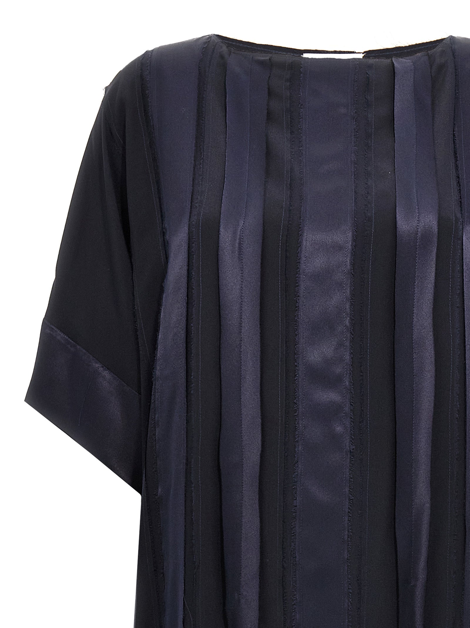 Dress by DI.LA3 PARI' for women in silk satin blue features an cute silhouette, detailed with a and crew neckline that elegantly flows into a cute short long.
