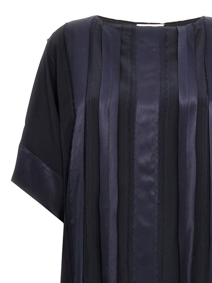 Dress by DI.LA3 PARI' for women in silk satin blue features an cute silhouette, detailed with a and crew neckline that elegantly flows into a cute short long.