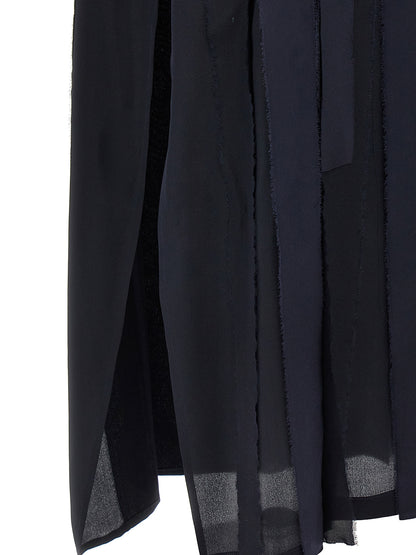 Dress by DI.LA3 PARI' for women in silk satin blue features a dramatic silhouette, showcasing an elegant and that flows into a dramatic short long.