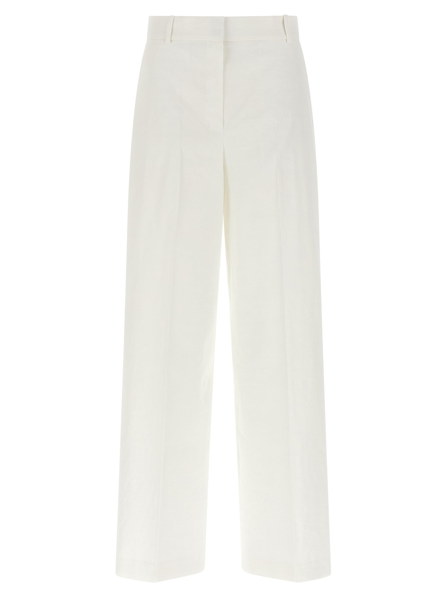 Trousers by Theory for women in linen & viscose white presents a perennial silhouette, meticulously tailored with a straight-leg cut, long finish, and an elegant .
