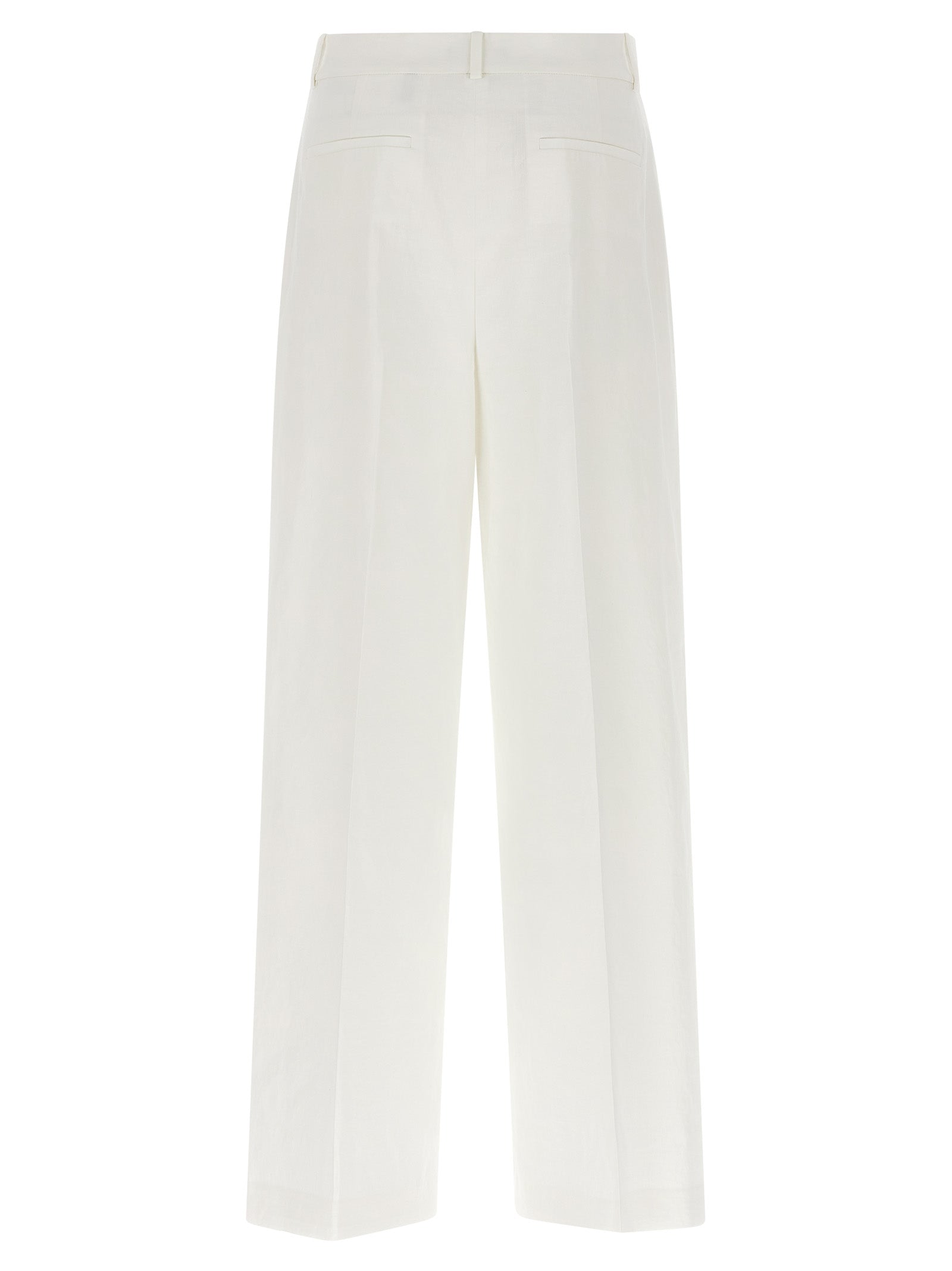 Trousers by Theory for women in linen & viscose white features an on trend silhouette, showcasing a sophisticated straight-leg with a long and for an on trend finish.