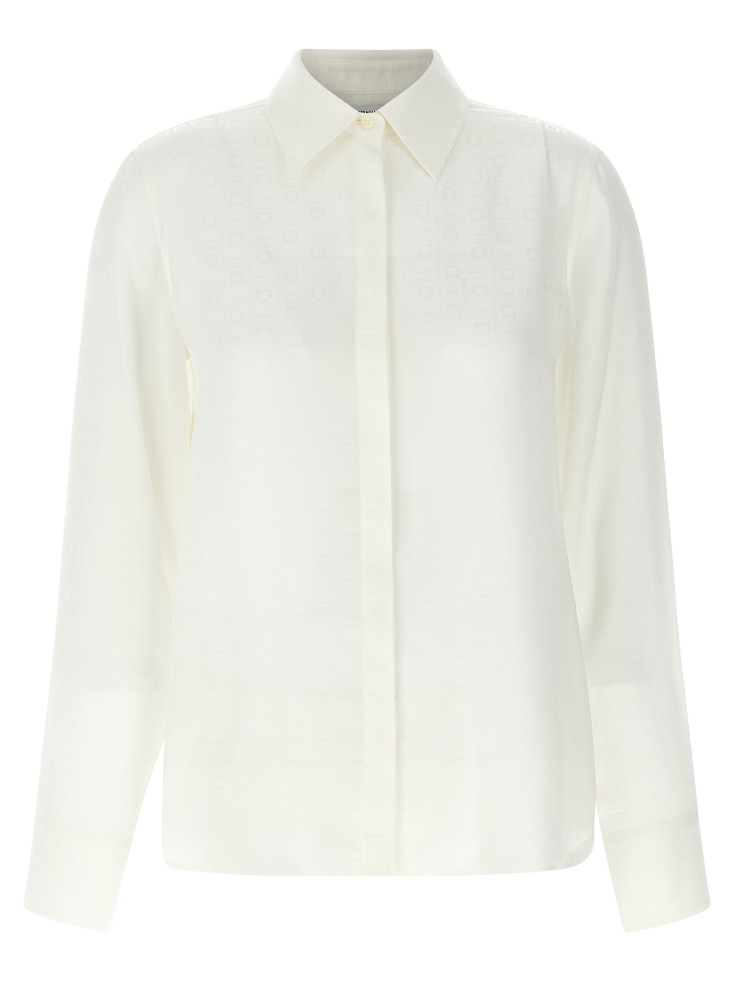 Blouse by Ferragamo for women in silk white, jacquard & monogram features an architectural silhouette with a refined and elegant for a architectural look.