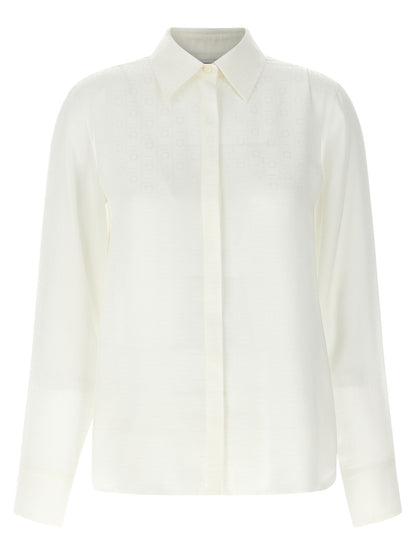 Blouse by Ferragamo for women in silk white, jacquard & monogram features an architectural silhouette with a refined and elegant for a architectural look.