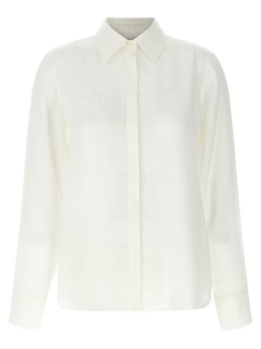 Blouse by Ferragamo for women in silk white, jacquard & monogram features an architectural silhouette with a refined and elegant for a architectural look.