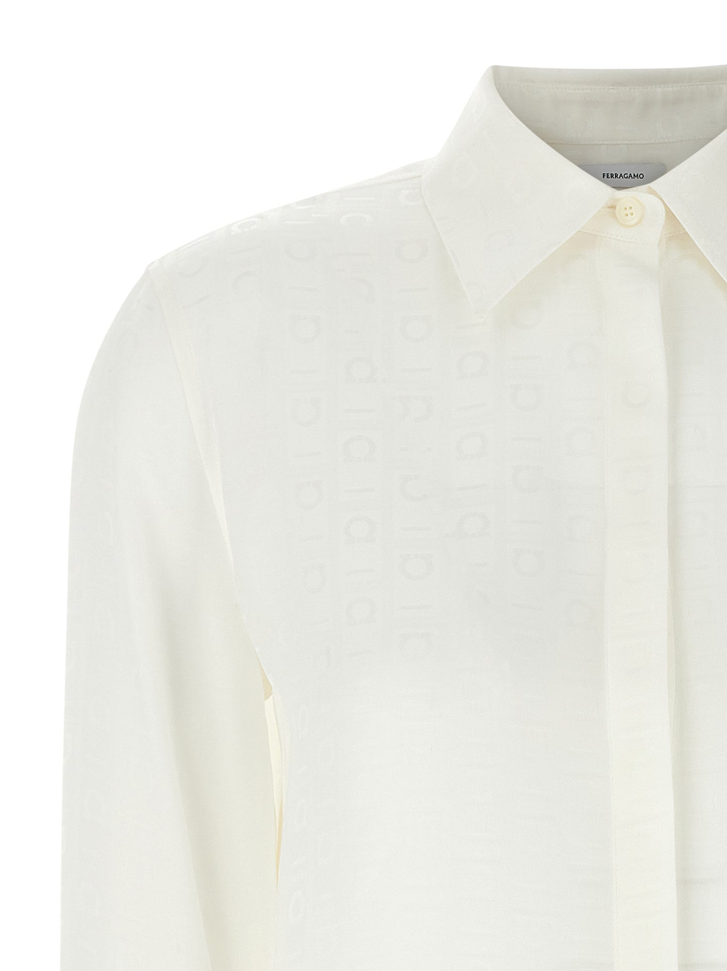 Blouse by Ferragamo for women in silk white, jacquard & monogram, featuring a nuanced and nuanced for a sophisticated finish.