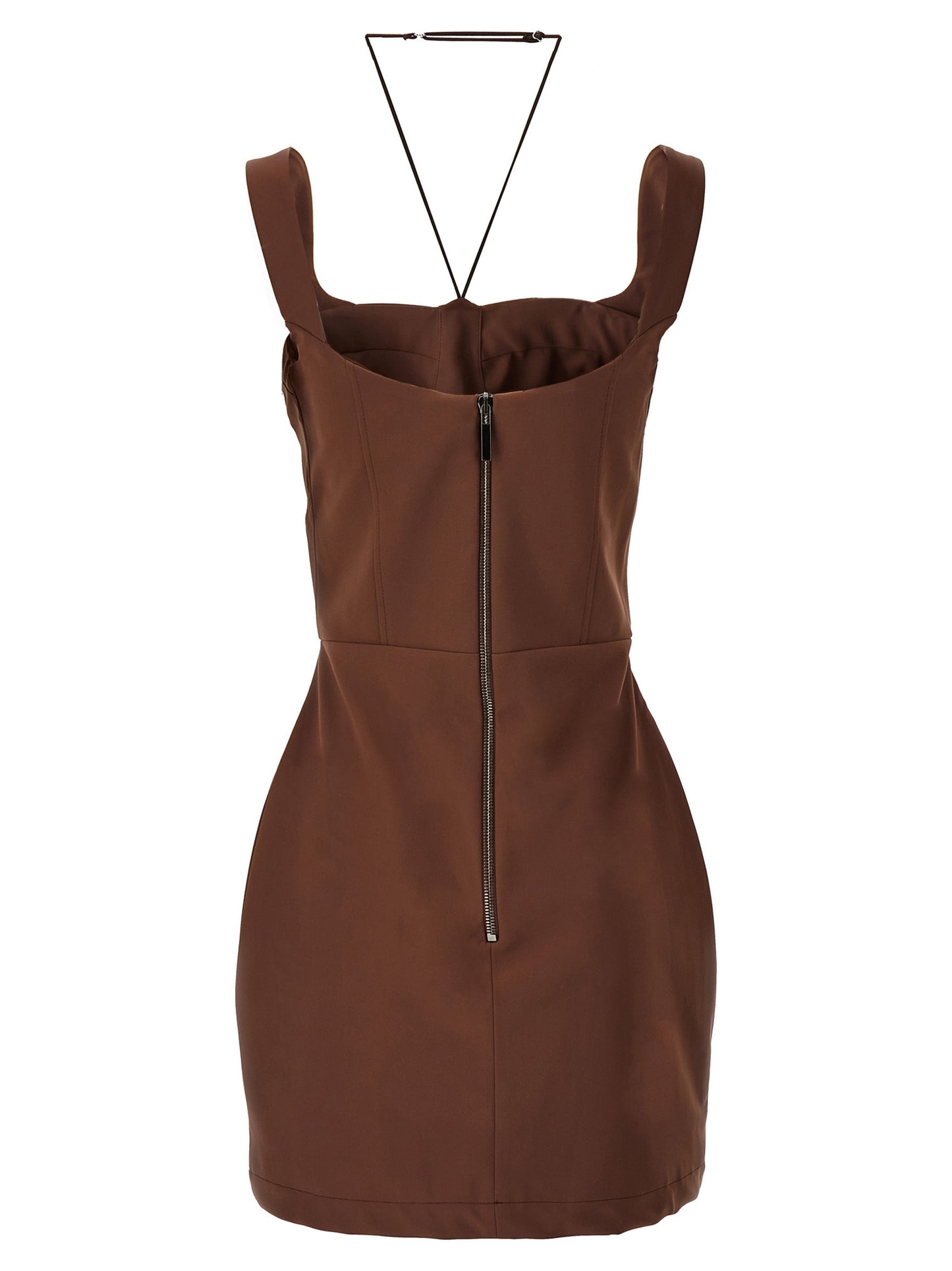 Dress by Nensi Dojaka for women in stretch polyamide brown features a dramatic silhouette, showcasing an elegant and that flows into a dramatic short mini.