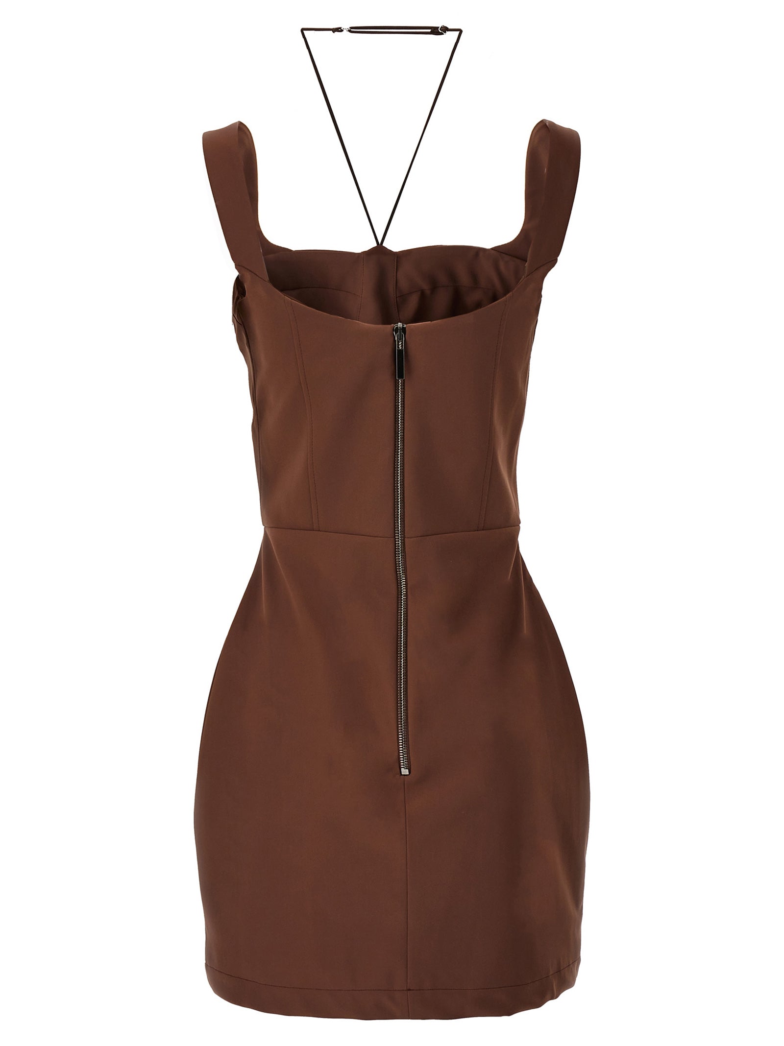 Dress by Nensi Dojaka for women in stretch polyamide brown features a dramatic silhouette, showcasing an elegant and that flows into a dramatic short mini.