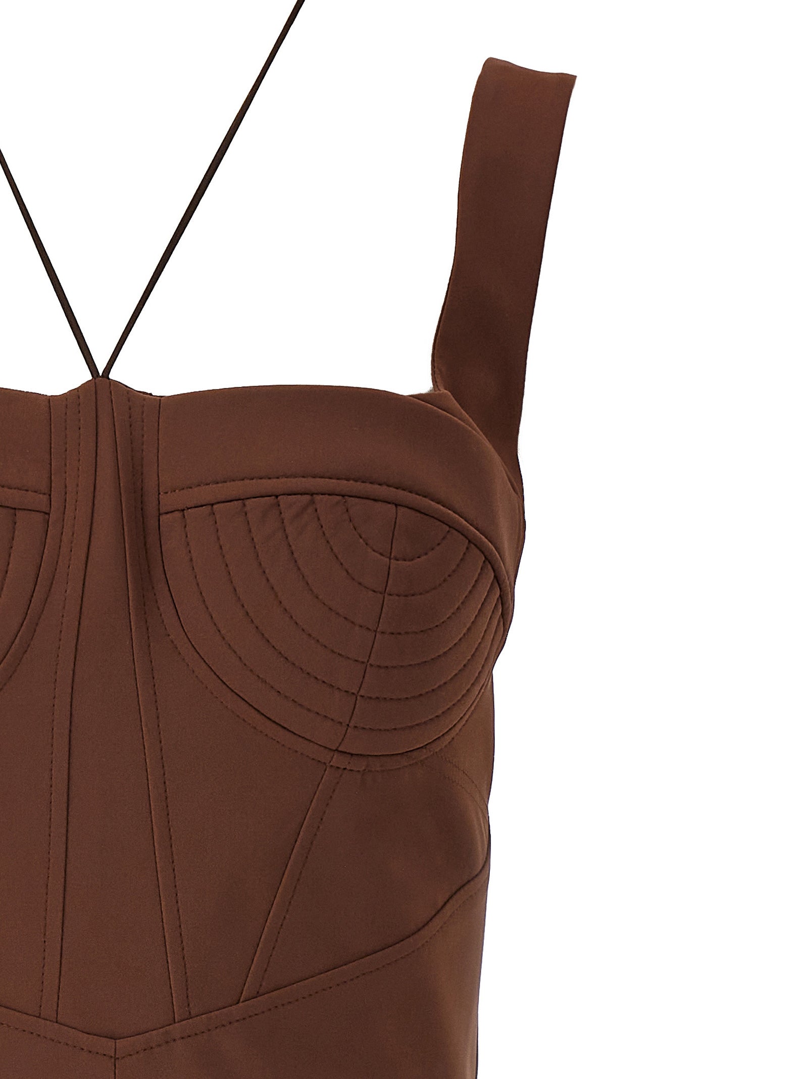 Dress by Nensi Dojaka for women in stretch polyamide brown showcases a striking silhouette, elegantly detailed with a , refined , and a striking short mini for a striking finish.