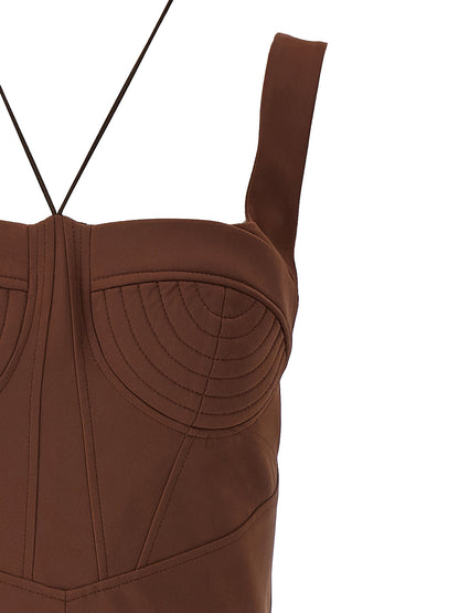 Dress by Nensi Dojaka for women in stretch polyamide brown showcases a striking silhouette, elegantly detailed with a , refined , and a striking short mini for a striking finish.