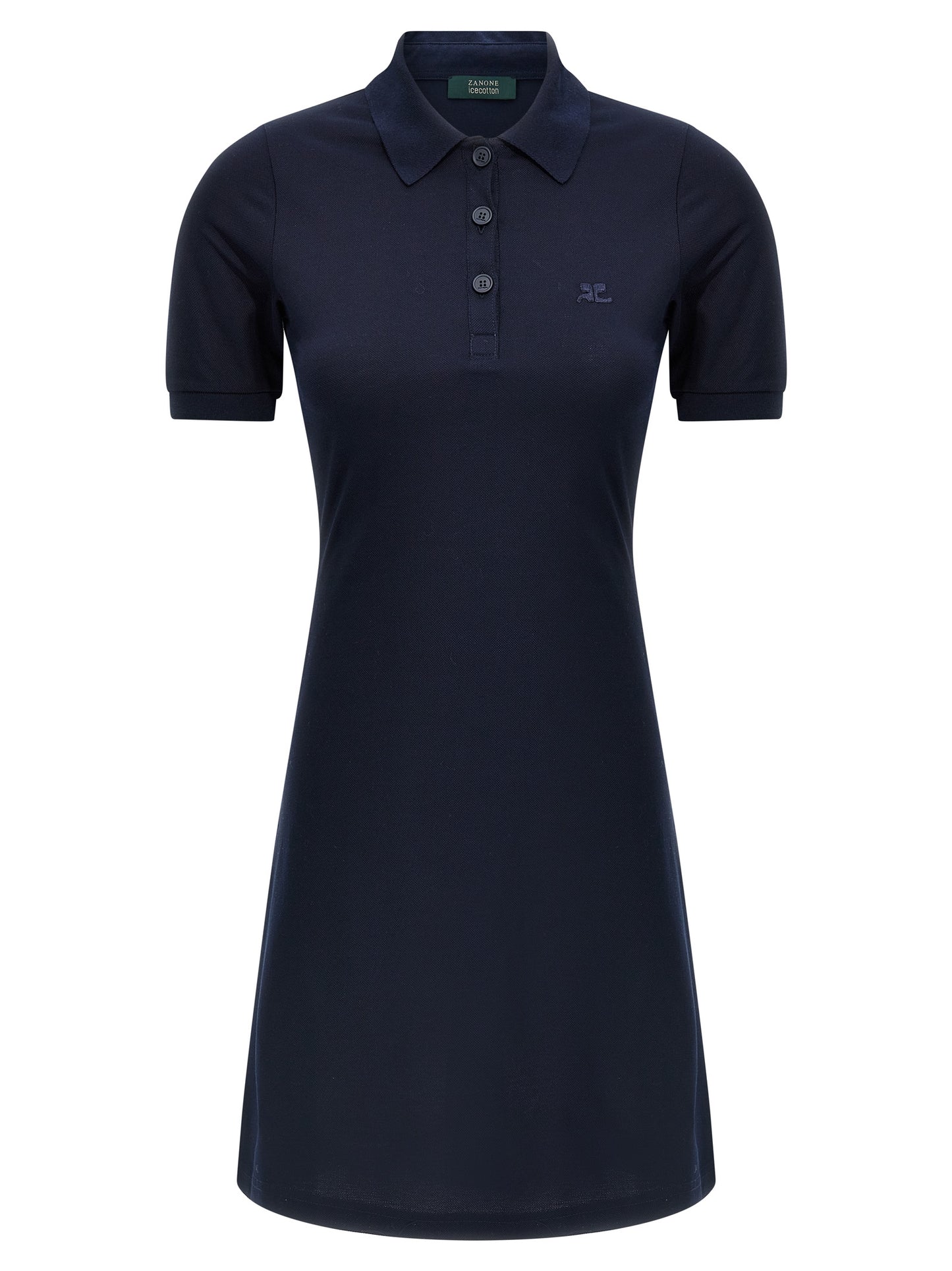 Dress by Courrèges for women in cotton blue features a dramatic silhouette, showcasing an elegant and short-sleeve that flows into a dramatic short mini.