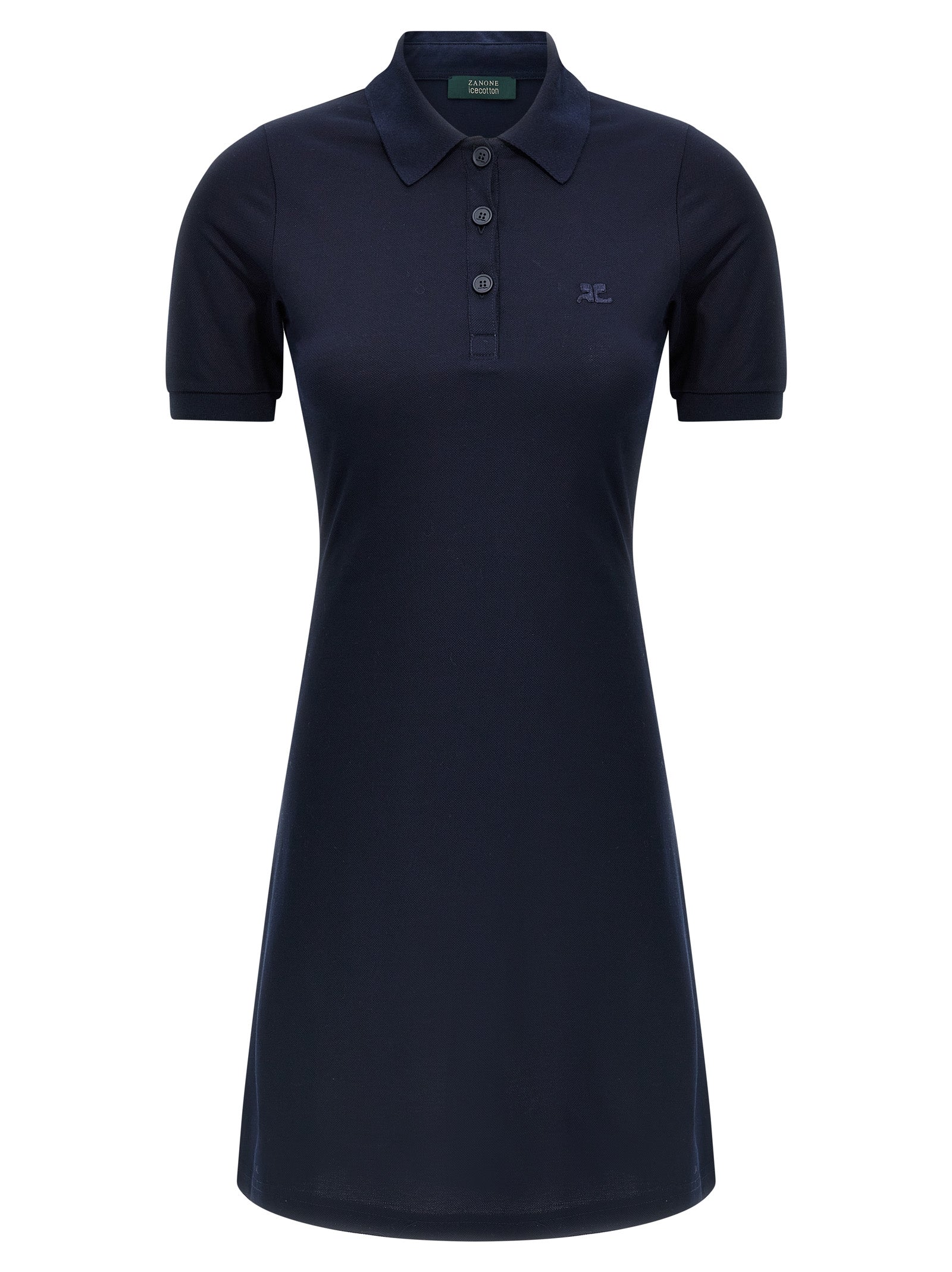 Dress by Courrèges for women in cotton blue features a dramatic silhouette, showcasing an elegant and short-sleeve that flows into a dramatic short mini.