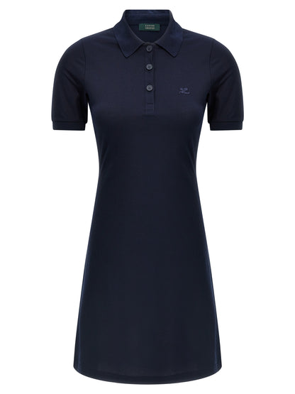 Dress by Courrèges for women in cotton blue features a dramatic silhouette, showcasing an elegant and short-sleeve that flows into a dramatic short mini.