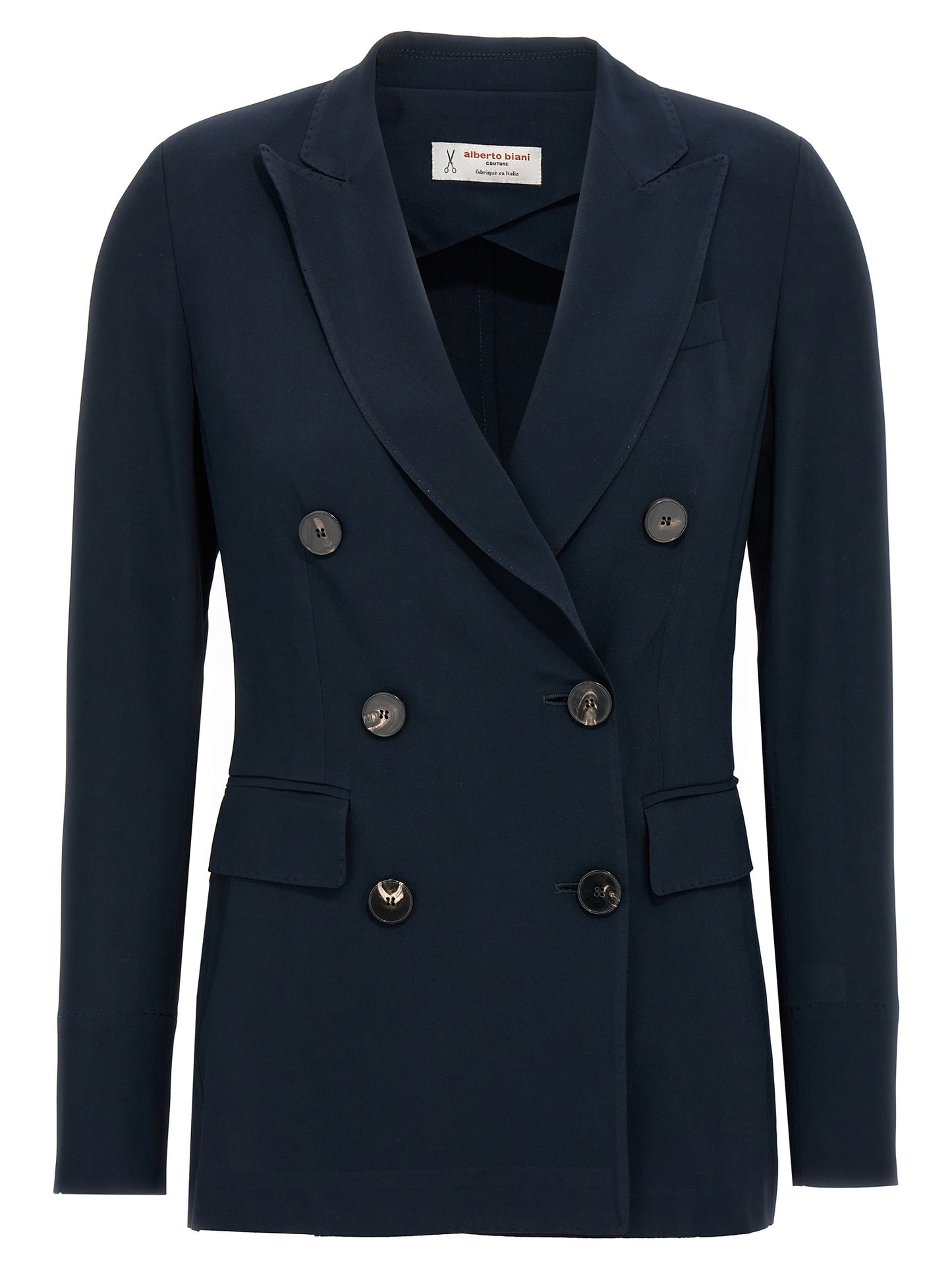 Blazer by Alberto Biani for women in stretch viscose blue showcases a discerning silhouette, elegantly detailed with a sophisticated split neckline and premium for a truly discerning finish.