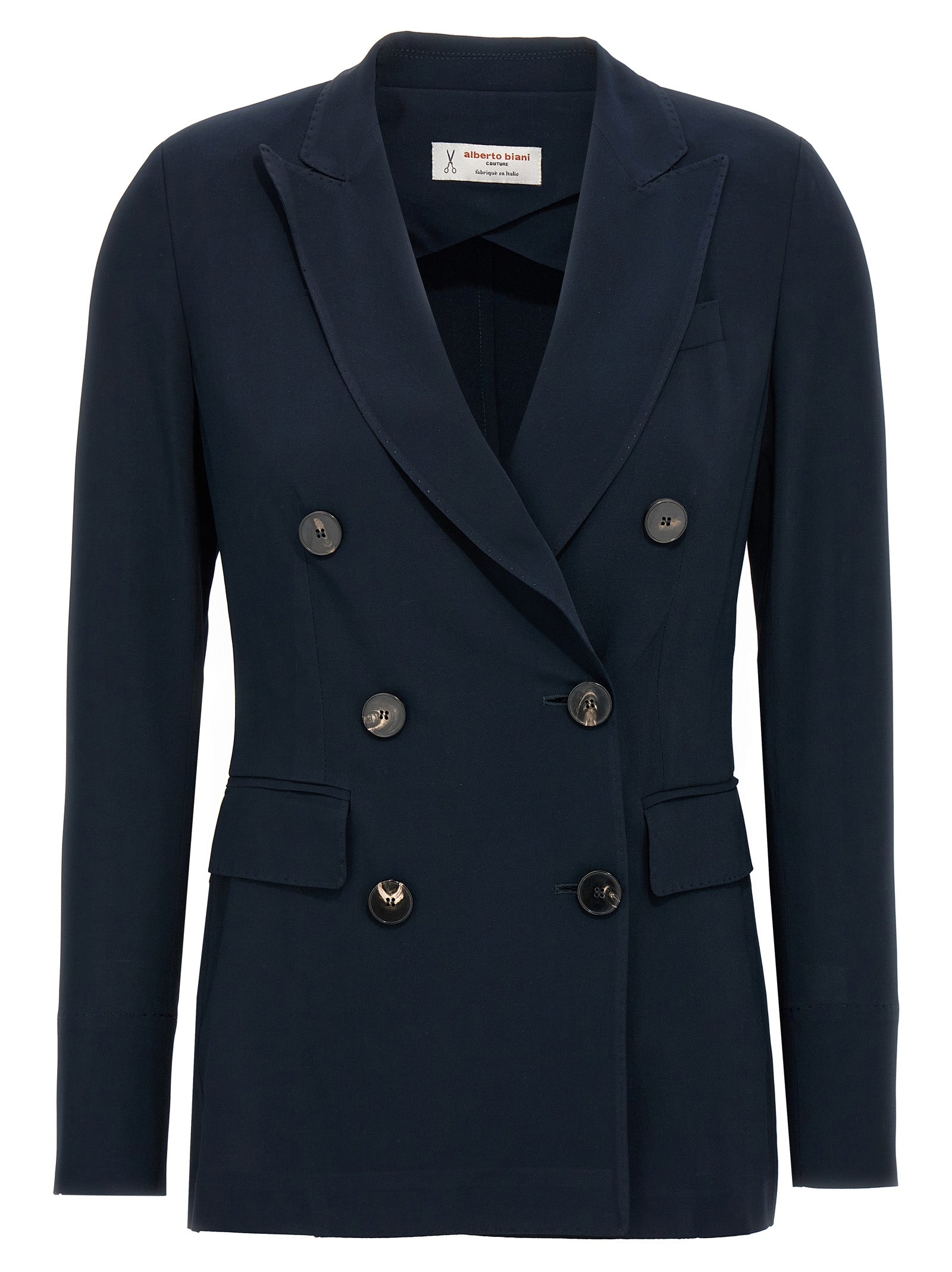 Blazer by Alberto Biani for women in stretch viscose blue showcases a discerning silhouette, elegantly detailed with a sophisticated split neckline and premium for a truly discerning finish.