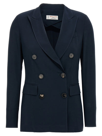 Blazer by Alberto Biani for women in stretch viscose blue showcases a discerning silhouette, elegantly detailed with a sophisticated split neckline and premium for a truly discerning finish.