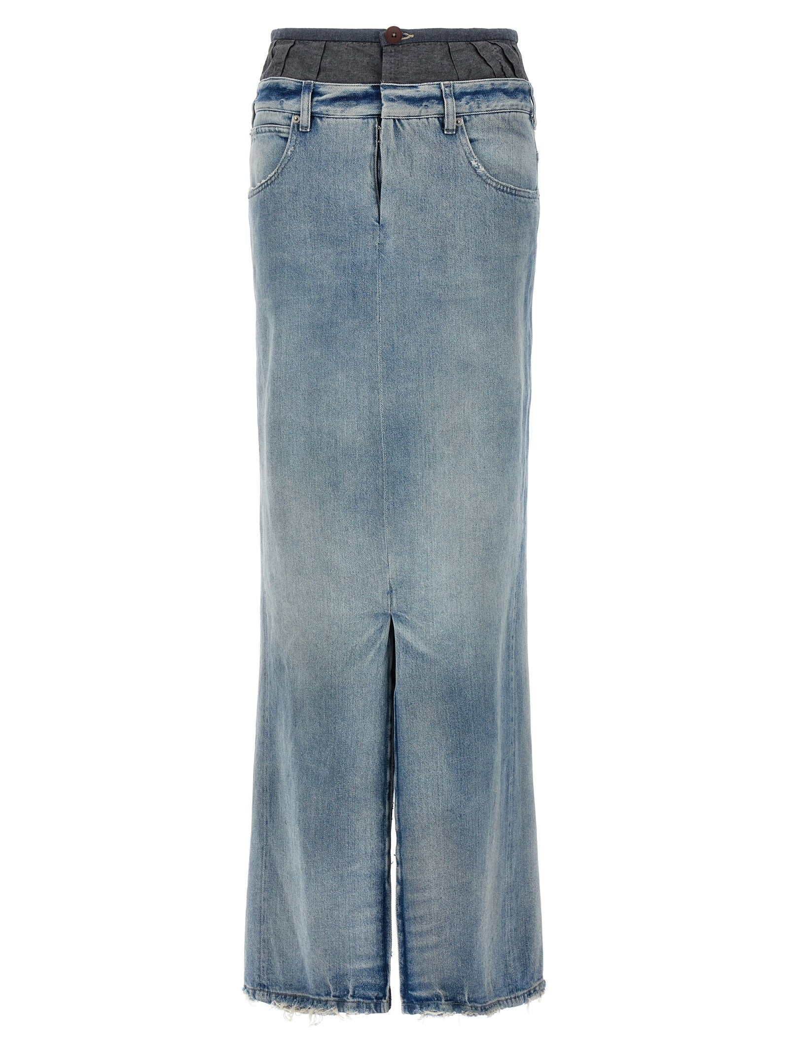 Skirt by Maison Margiela for women in denim cotton multicolor features an relaxed-yet-refined silhouette that elegantly showcases the Women's Denim Layered Cotton Mini Skirt design and sophisticated mini.