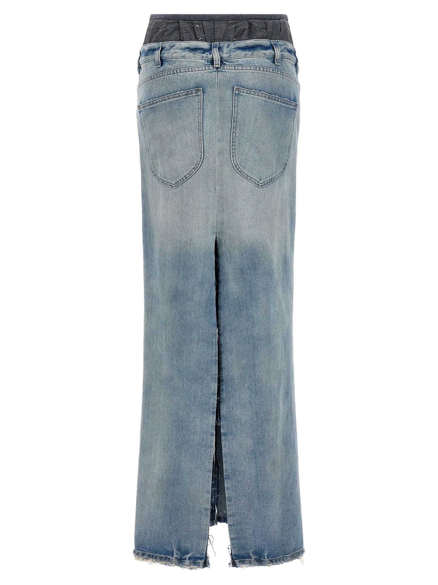 Skirt by Maison Margiela for women in denim cotton multicolor features a contoured silhouette from the Women's Denim Layered Cotton Mini Skirt collection, characterized by its contoured mini for a contoured finish.