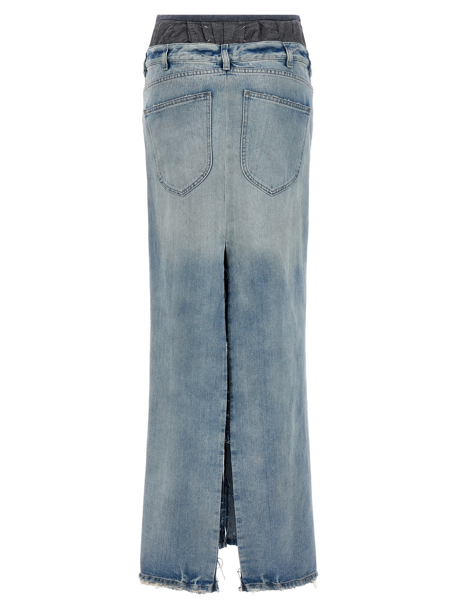 Skirt by Maison Margiela for women in denim cotton multicolor features a contoured silhouette from the Women's Denim Layered Cotton Mini Skirt collection, characterized by its contoured mini for a contoured finish.