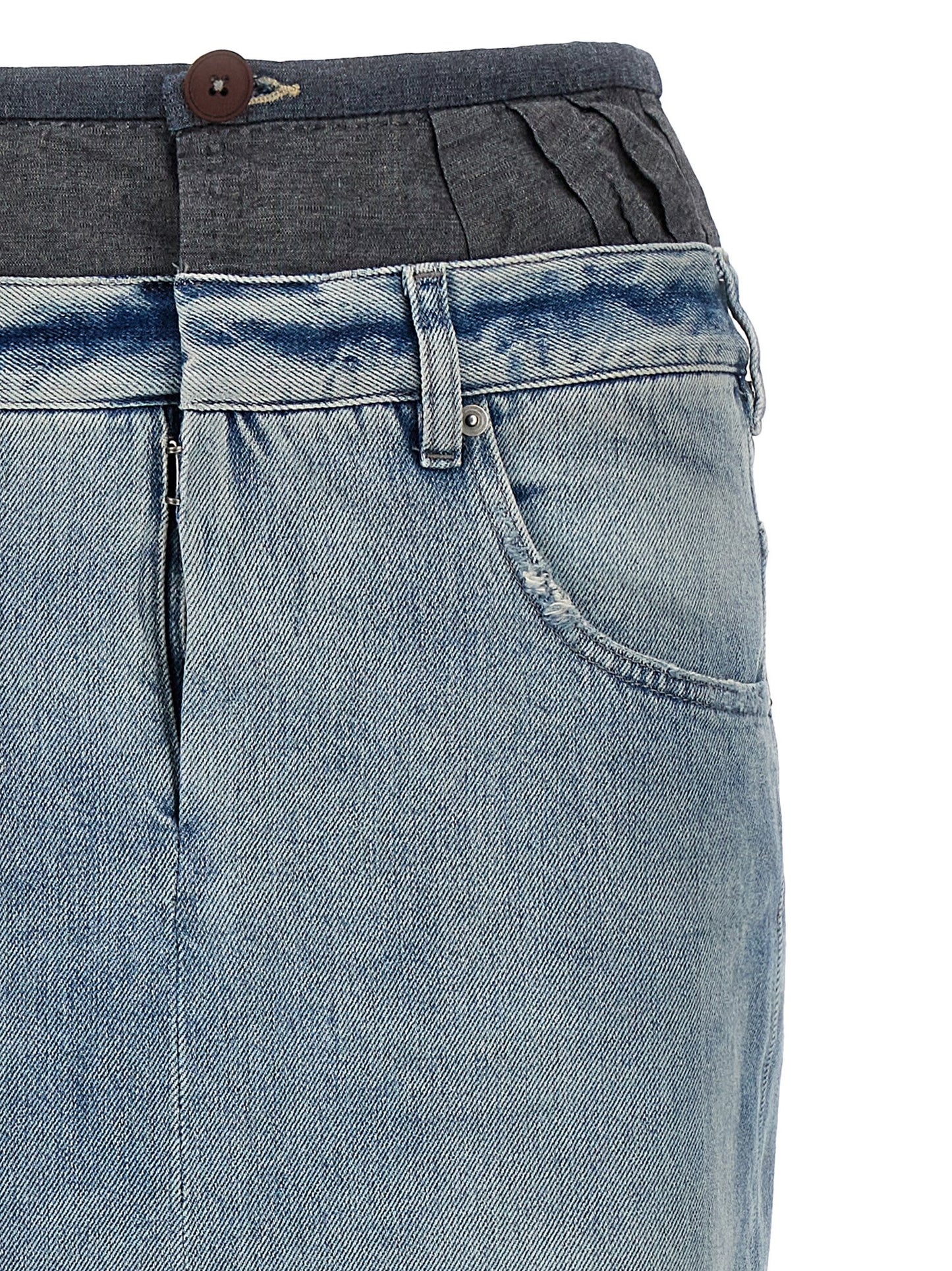 Skirt by Maison Margiela for women in denim cotton multicolor showcases a dramatic silhouette, artfully capturing the essence of the Women's Denim Layered Cotton Mini Skirt in a dramatic mini cut for a refined look.