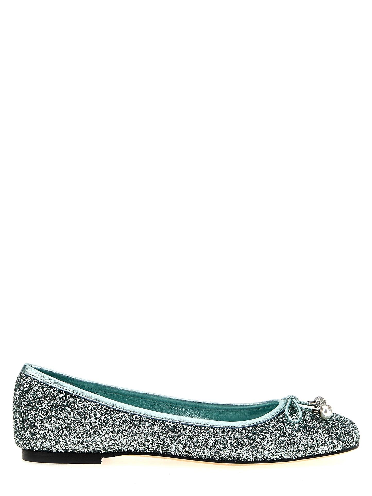 Ballet Flat Shoes by Jimmy Choo for women in lamb leather & rhinestone bicolour, green & pearl features an statuesque silhouette from the Women's Lamb Leather & Rhinestone Ballet Flat Shoes collection, showcasing a and a statuesque for a statuesque look.