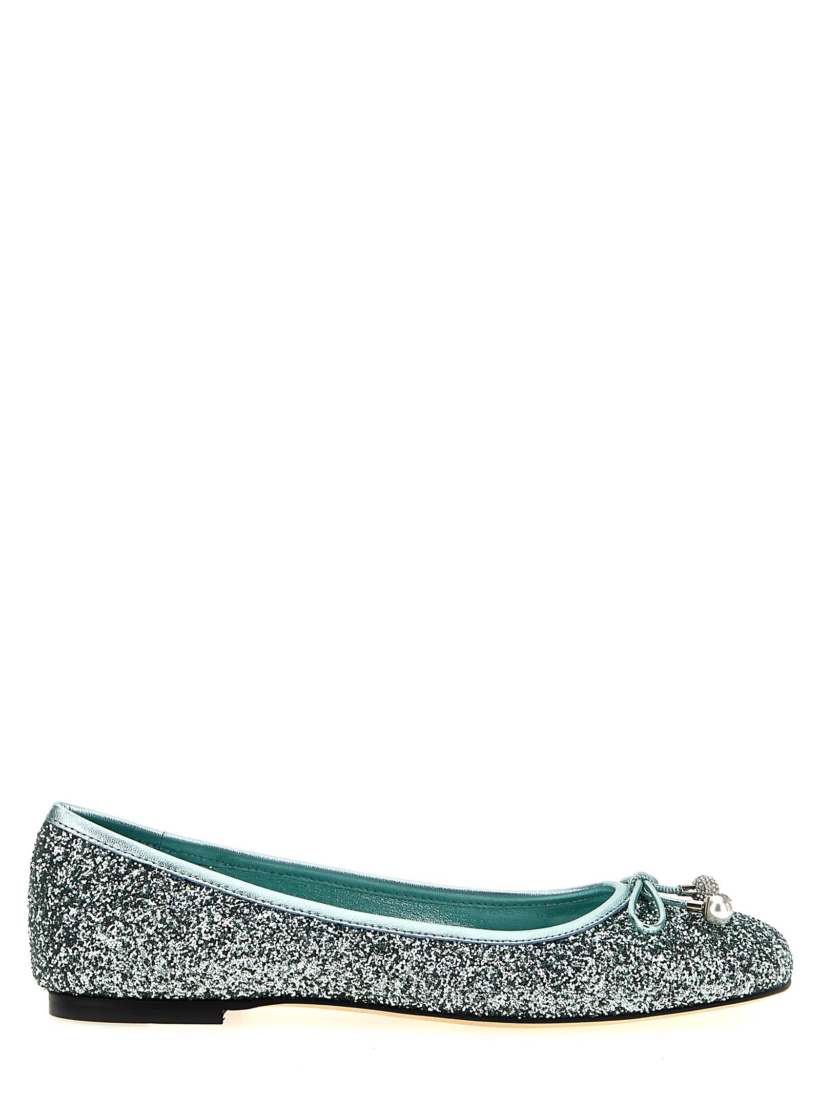 Ballet Flat Shoes by Jimmy Choo for women in lamb leather & rhinestone bicolour, green & pearl features an statuesque silhouette from the Women's Lamb Leather & Rhinestone Ballet Flat Shoes collection, showcasing a and a statuesque for a statuesque look.
