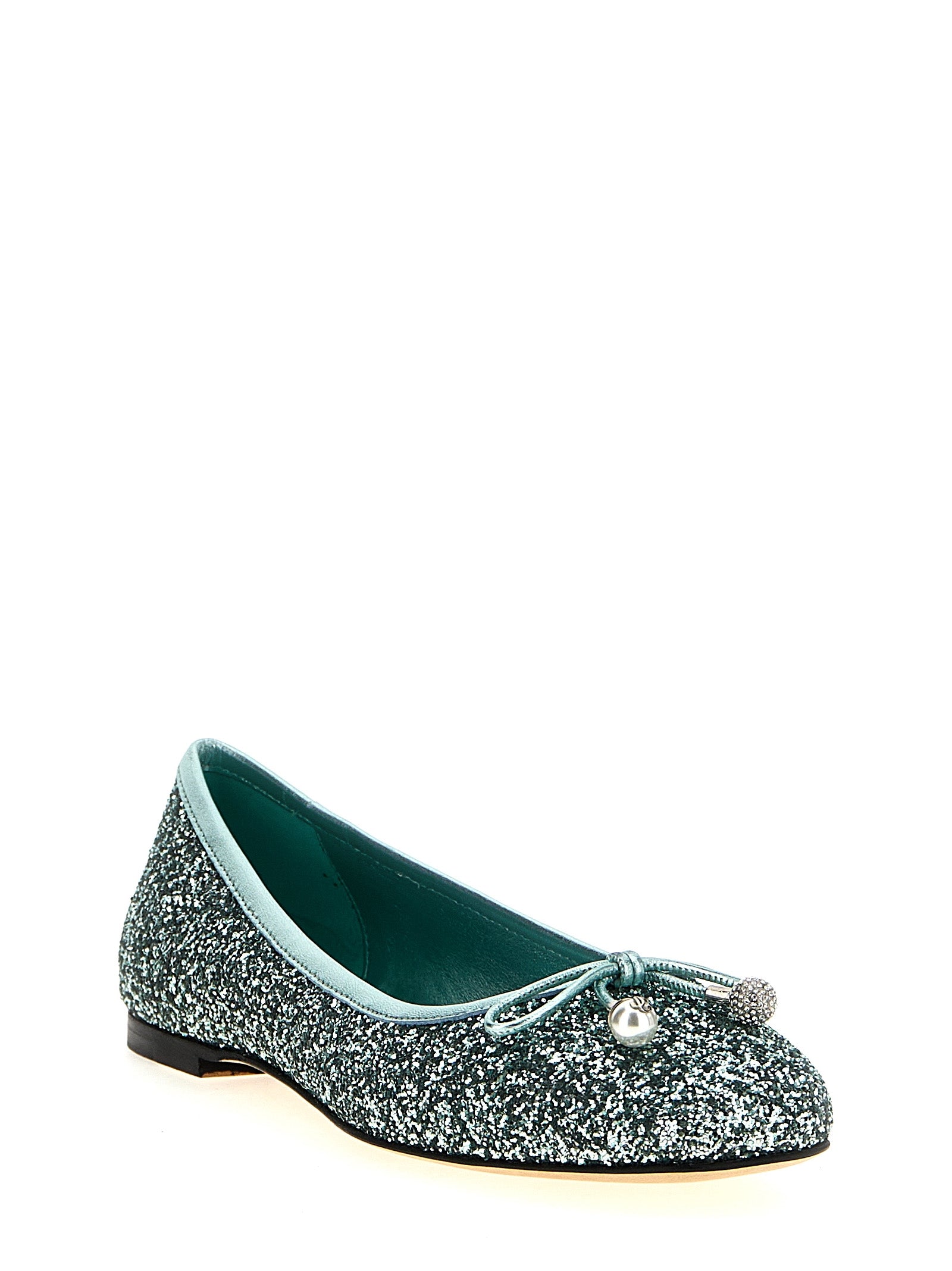 Ballet Flat Shoes by Jimmy Choo for women in lamb leather & rhinestone bicolour, green & pearl showcases a resplendent Women's Lamb Leather & Rhinestone Ballet Flat Shoes aesthetic with a and .