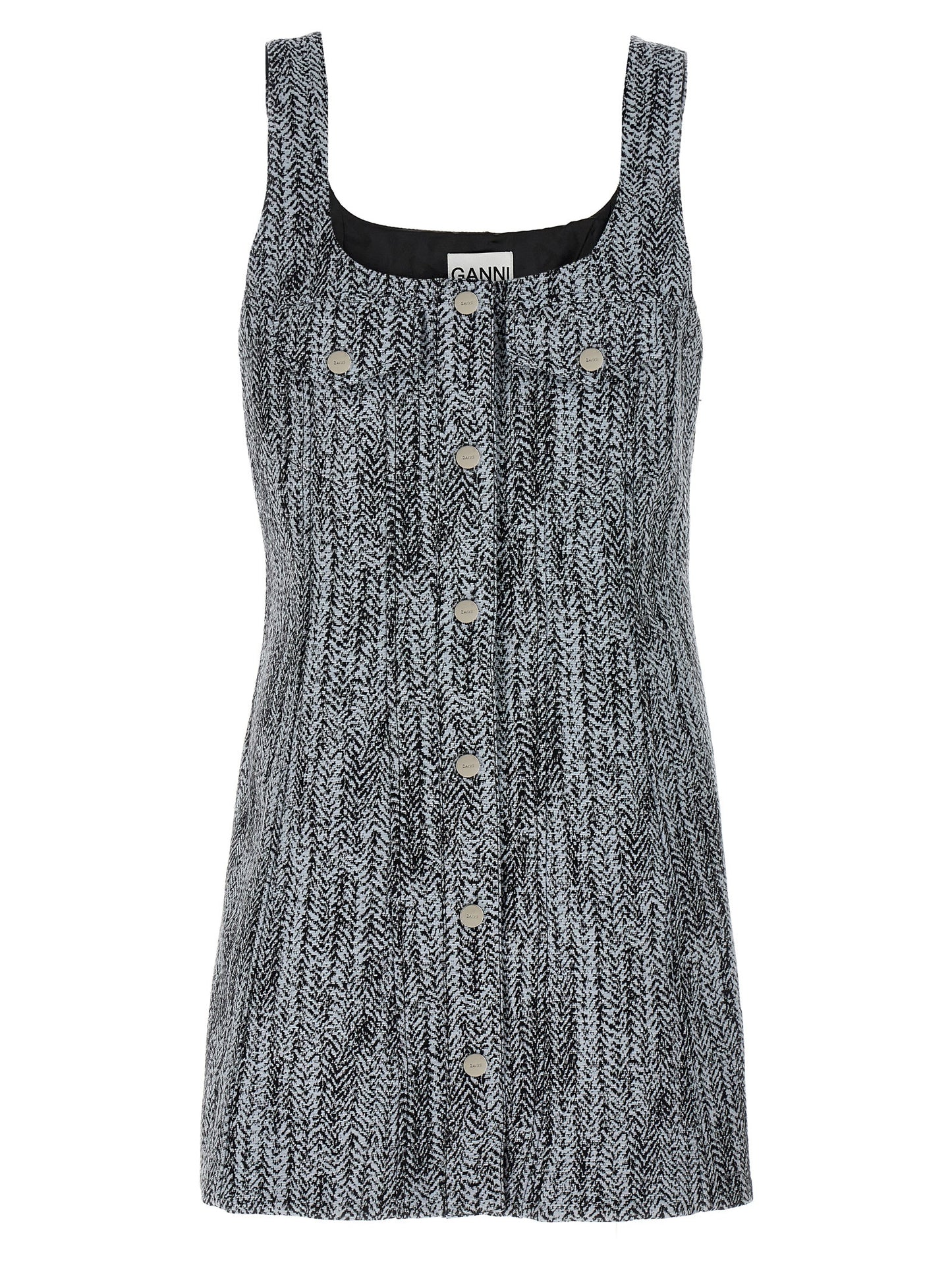 Dress by Ganni for women in cotton tweed multicolor showcases a striking silhouette, elegantly detailed with a , refined square neckline, and a striking short mini for a striking finish.