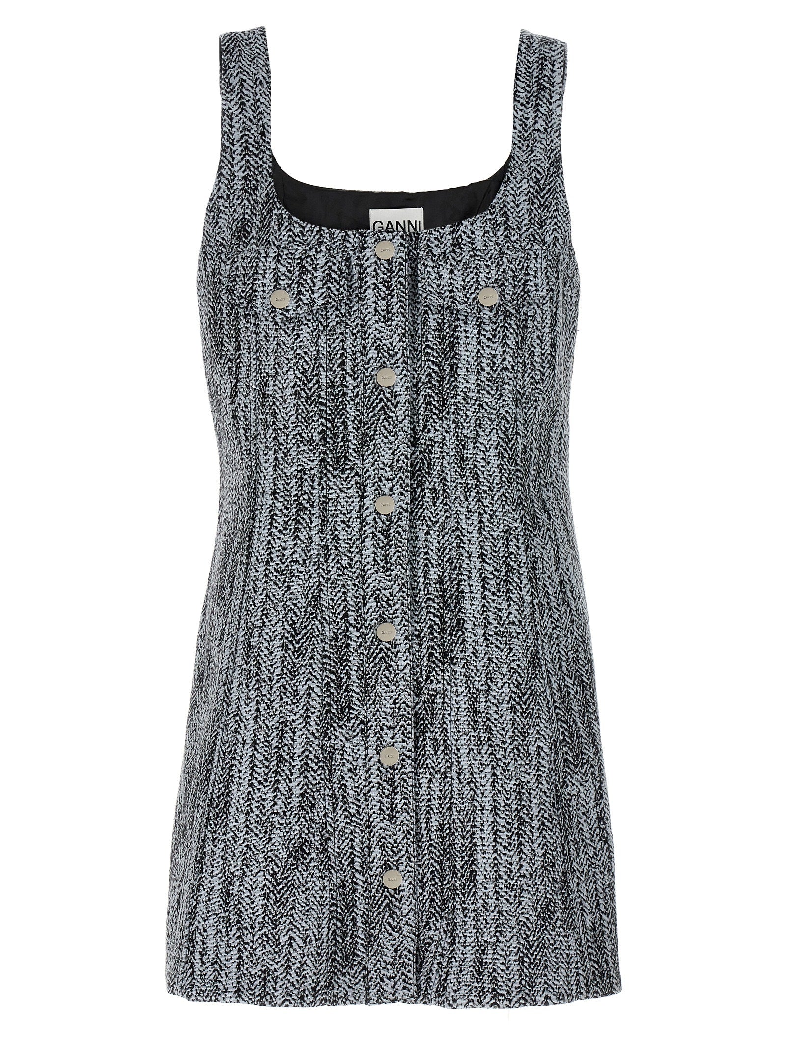Dress by Ganni for women in cotton tweed multicolor showcases a striking silhouette, elegantly detailed with a , refined square neckline, and a striking short mini for a striking finish.