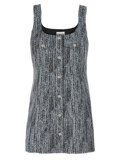 Dress by Ganni for women in cotton tweed multicolor showcases a striking silhouette, elegantly detailed with a , refined square neckline, and a striking short mini for a striking finish.
