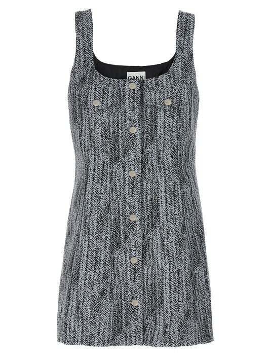 Dress by Ganni for women in cotton tweed multicolor showcases a striking silhouette, elegantly detailed with a , refined square neckline, and a striking short mini for a striking finish.