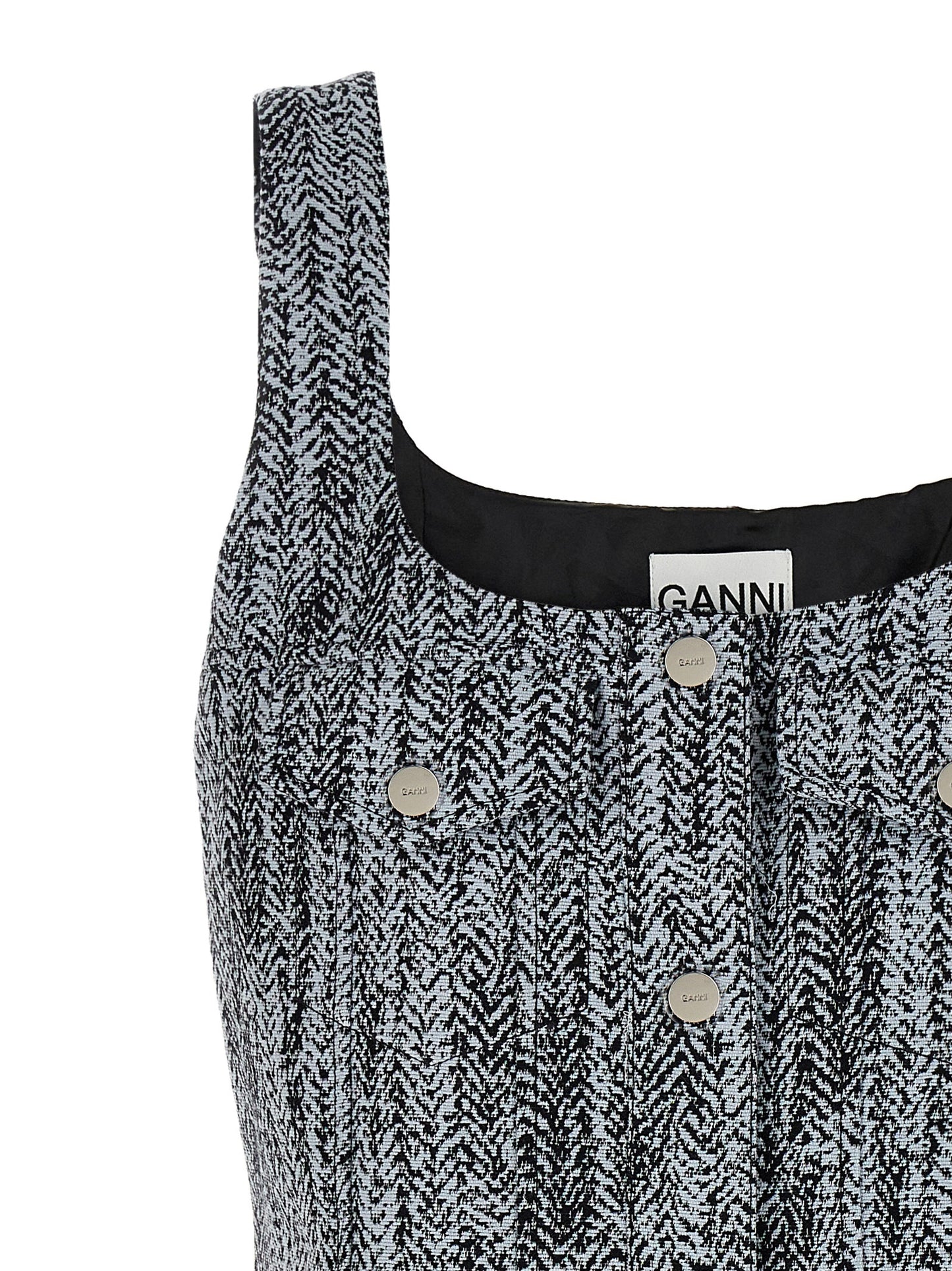 Dress by Ganni for women in cotton tweed multicolor features an eye catching silhouette with a sophisticated square neckline, elegant , and a refined short mini for a eye catching aesthetic.