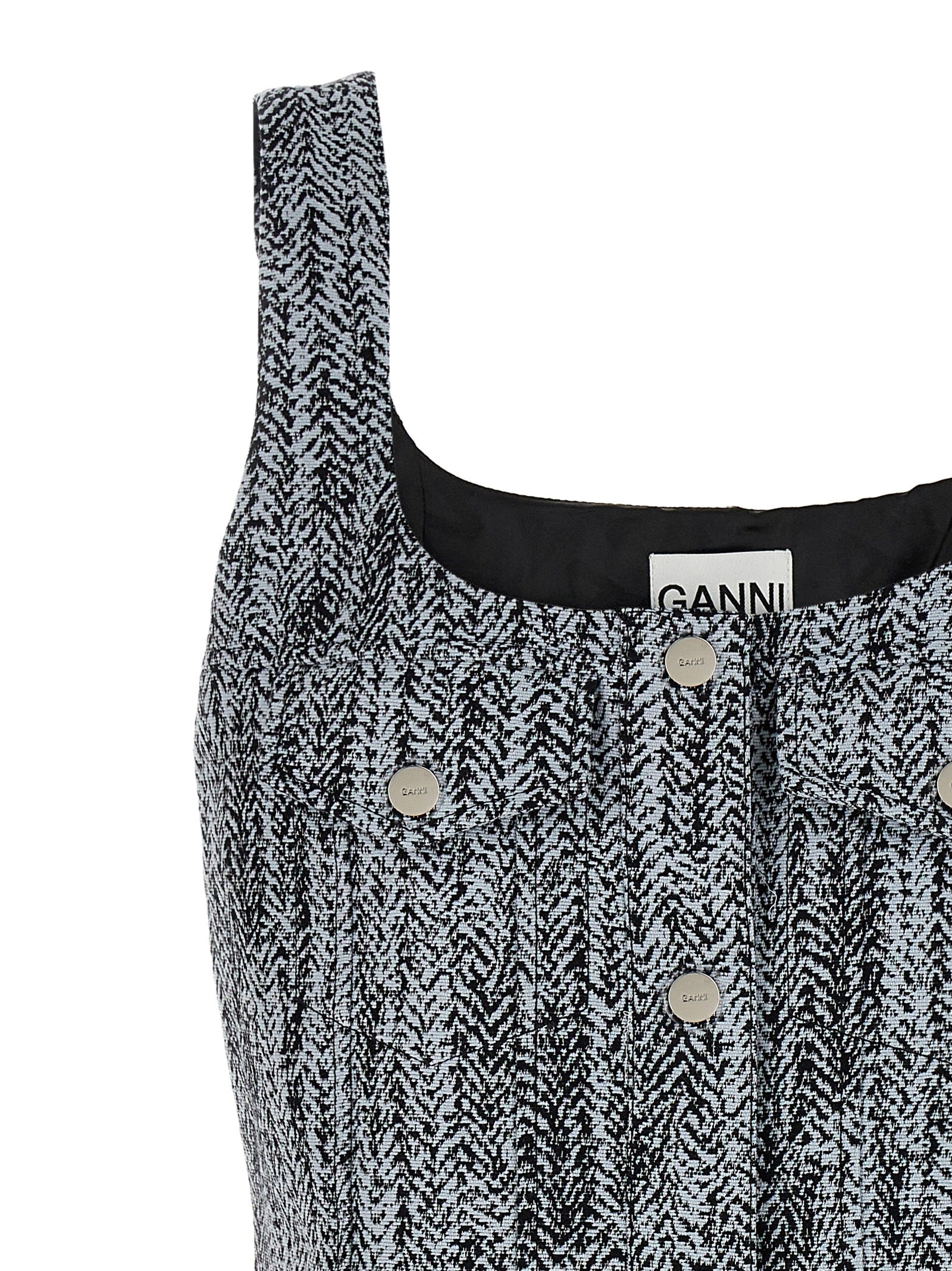 Dress by Ganni for women in cotton tweed multicolor features an eye catching silhouette with a sophisticated square neckline, elegant , and a refined short mini for a eye catching aesthetic.