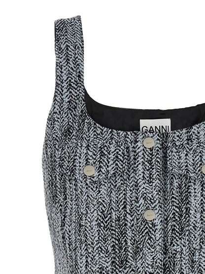 Dress by Ganni for women in cotton tweed multicolor features an eye catching silhouette with a sophisticated square neckline, elegant , and a refined short mini for a eye catching aesthetic.