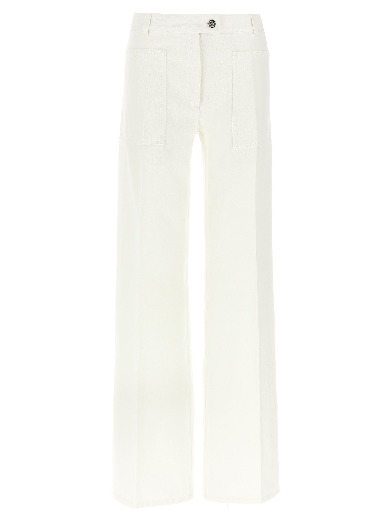Jeans by Ferragamo for women in denim cotton & suede leather white presents a refined pantology silhouette, artfully defined by a refined pantology straight-leg & wide, long, and a sophisticated .