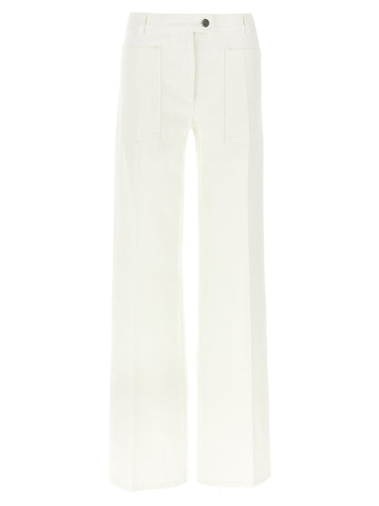 Jeans by Ferragamo for women in denim cotton & suede leather white presents a refined pantology silhouette, artfully defined by a refined pantology straight-leg & wide, long, and a sophisticated .