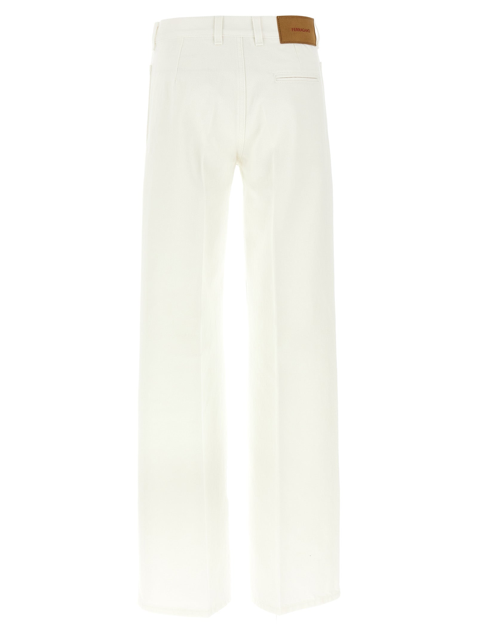 Jeans by Ferragamo for women in denim cotton & suede leather white features a polished silhouette with a polished straight-leg & wide, reaching a polished long and finished with a polished .