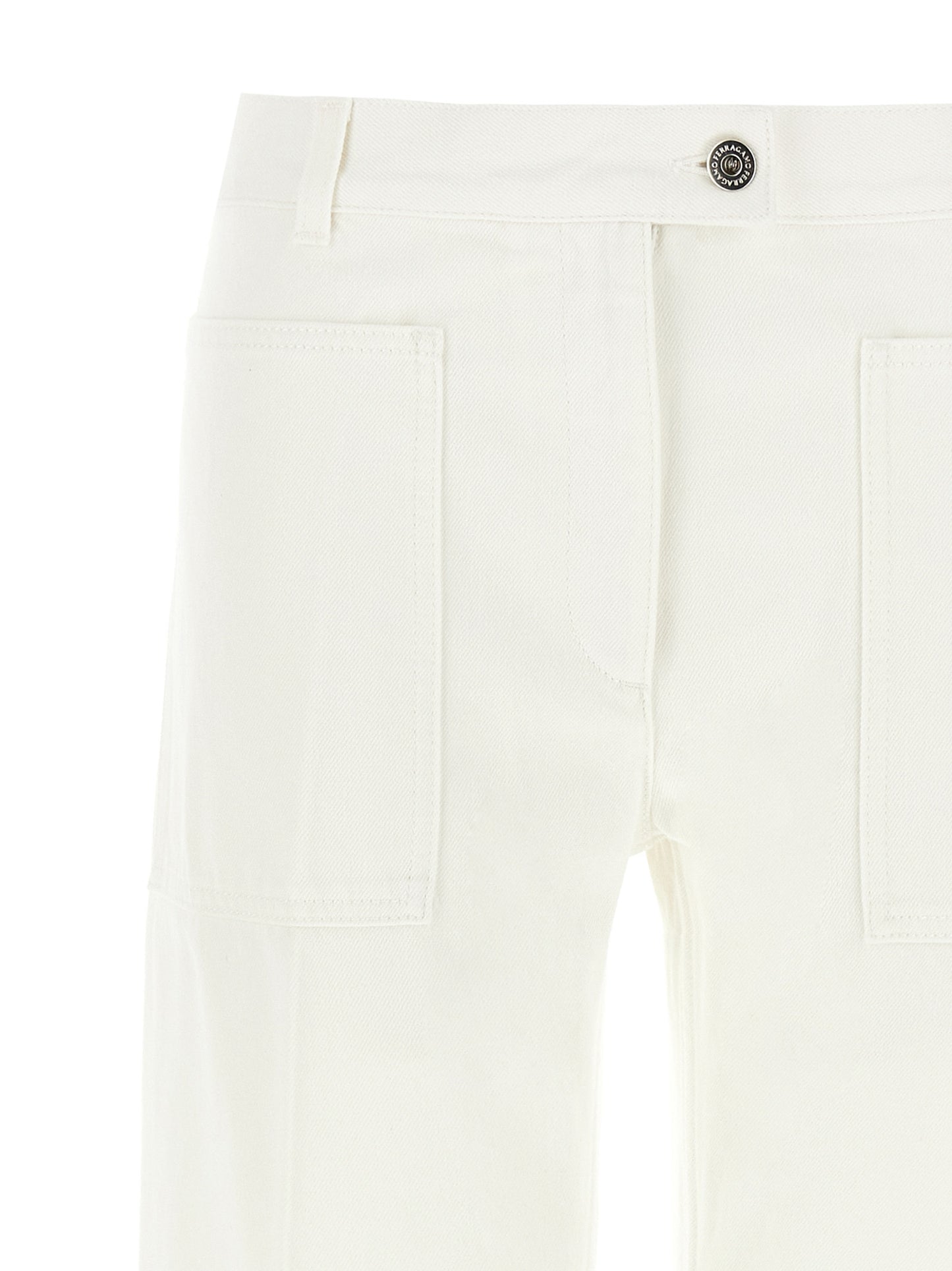 Jeans by Ferragamo for women in denim cotton & suede leather white features a polished silhouette with a polished straight-leg & wide, reaching a polished long and finished with a polished .