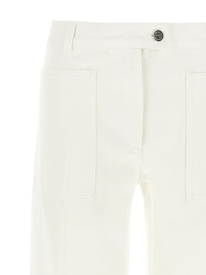 Jeans by Ferragamo for women in denim cotton & suede leather white features a polished silhouette with a polished straight-leg & wide, reaching a polished long and finished with a polished .