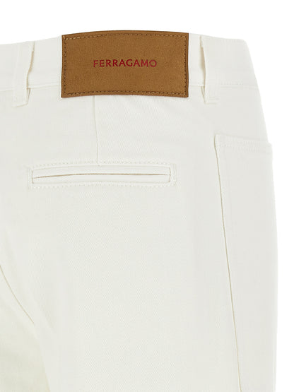 Jeans by Ferragamo for women in denim cotton & suede leather white presents a refined pantology silhouette, artfully defined by a refined pantology straight-leg & wide, long, and a sophisticated .