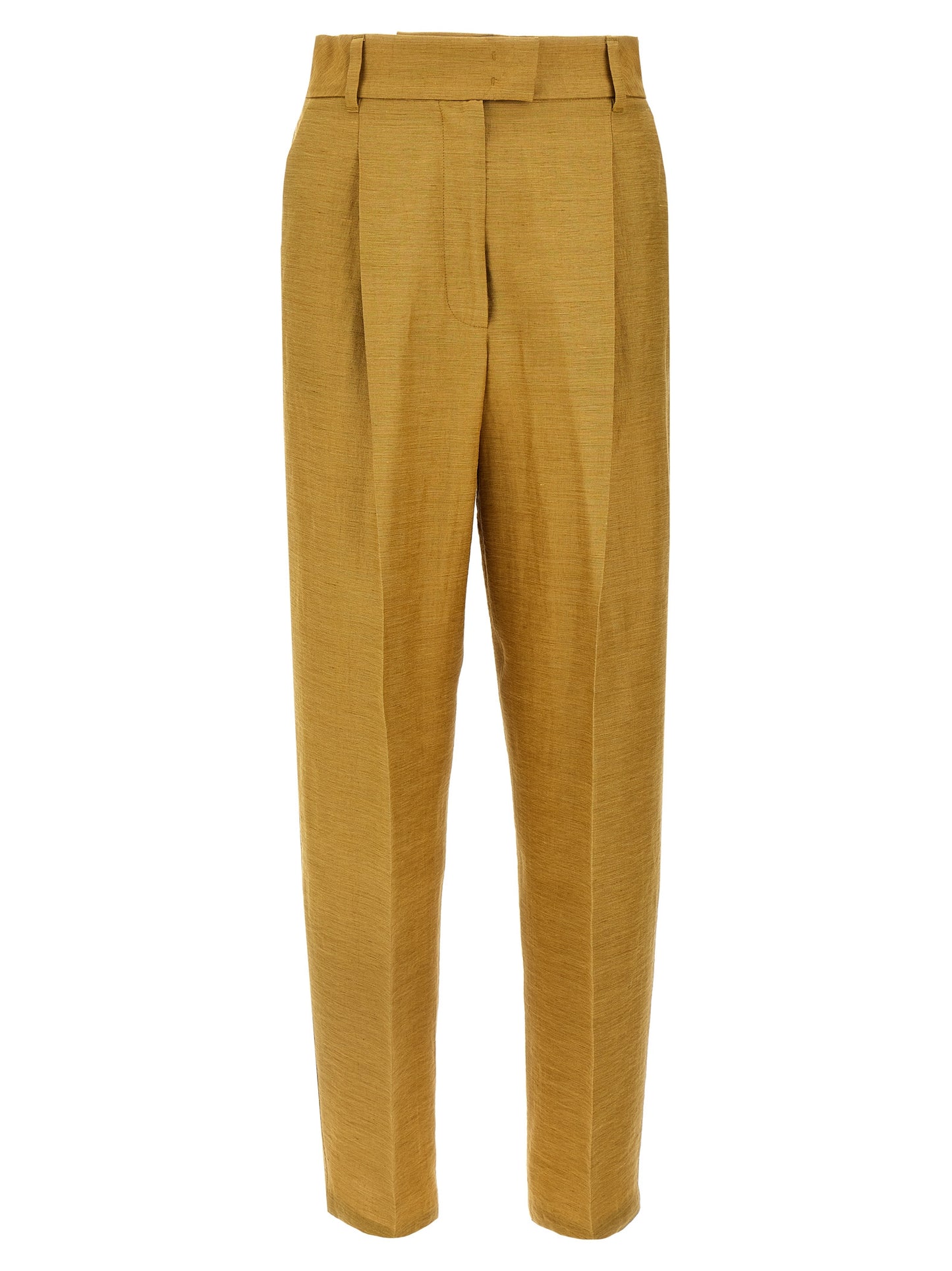 Trousers by Max Mara for women in polyamide silk gold features a sculptural silhouette, showcasing a sculptural straight and long with a sophisticated high rise for a sculptural finish.