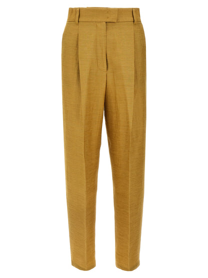 Trousers by Max Mara for women in polyamide silk gold features a sculptural silhouette, showcasing a sculptural straight and long with a sophisticated high rise for a sculptural finish.