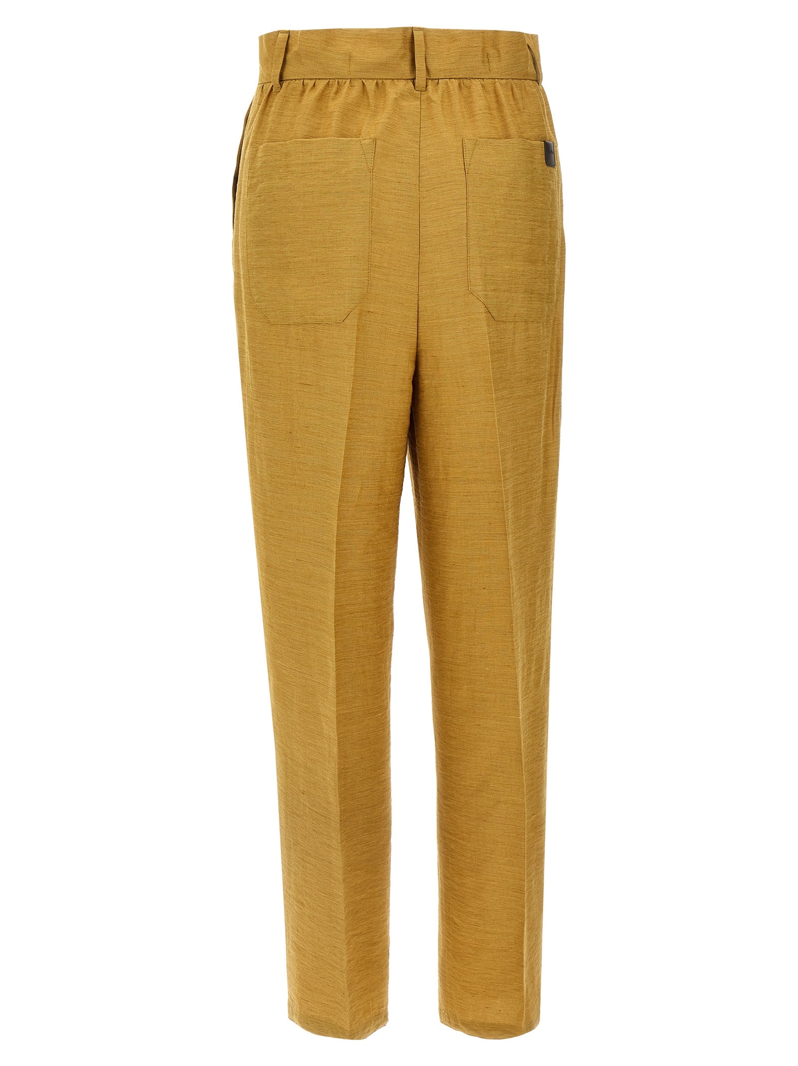 Trousers by Max Mara for women in polyamide silk gold features an sartorial silhouette, showcasing a precise straight and long with a sartorial high rise for a refined look.