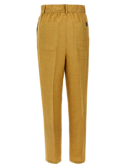 Trousers by Max Mara for women in polyamide silk gold features an sartorial silhouette, showcasing a precise straight and long with a sartorial high rise for a refined look.