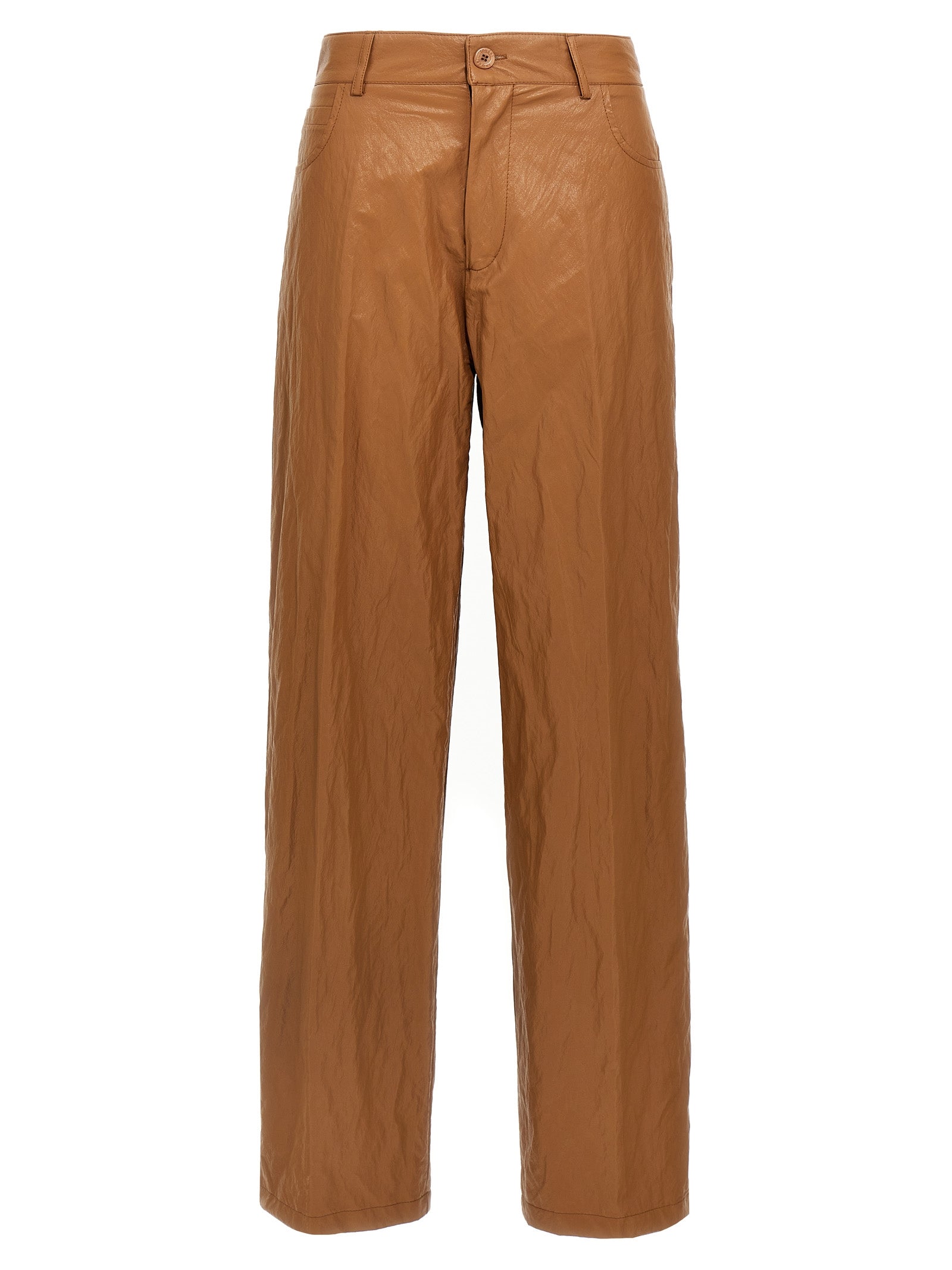 Trousers by NUDE for women in viscose polyester leather & cotton brown & nude features an sartorial silhouette, showcasing a precise straight-leg & wide and long with a sartorial for a refined look.