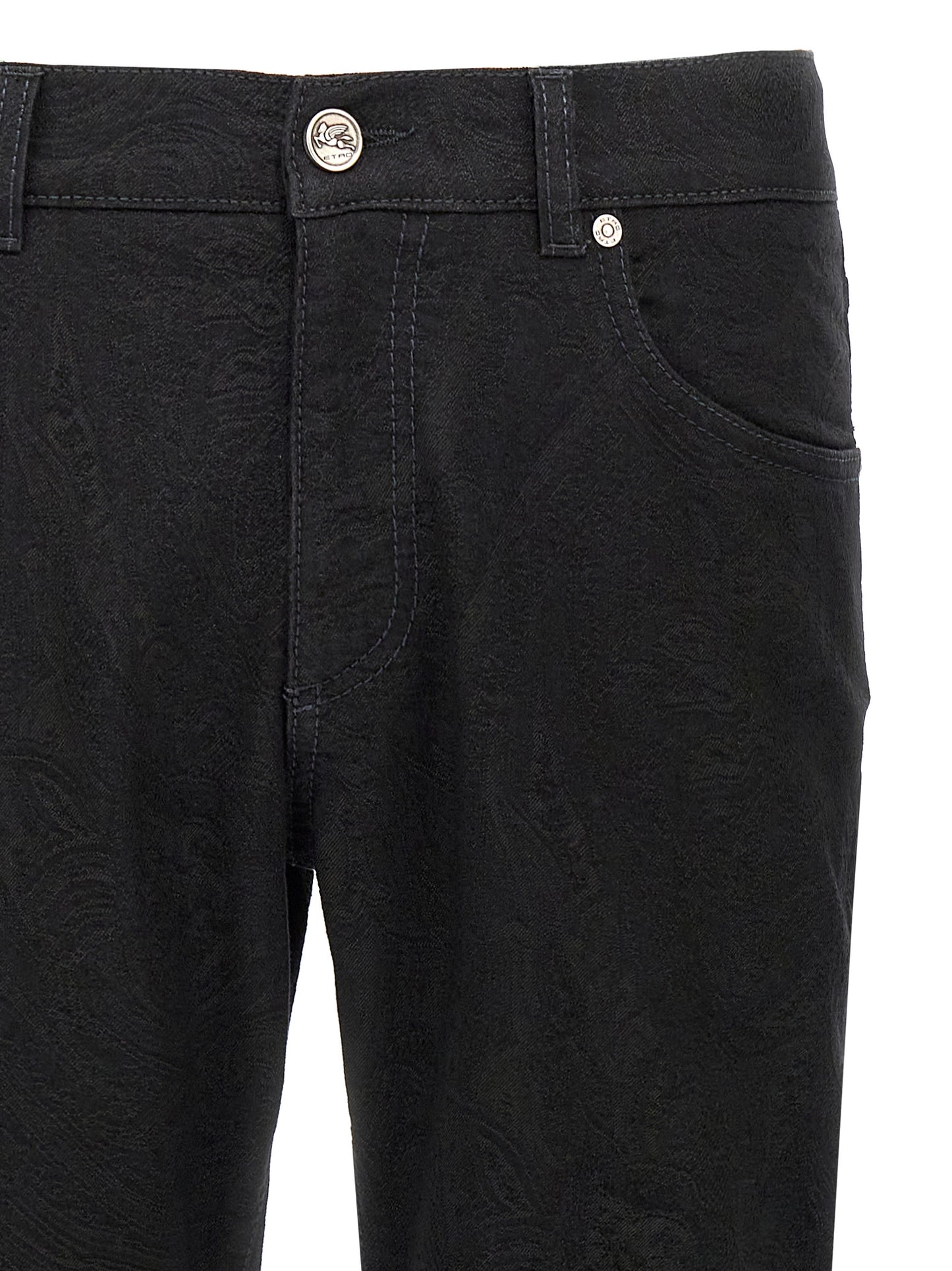 Jeans by Etro for men in stretch polyester denim cotton black, jacquard & signature features a polished silhouette with a polished , reaching a polished long and finished with a polished .