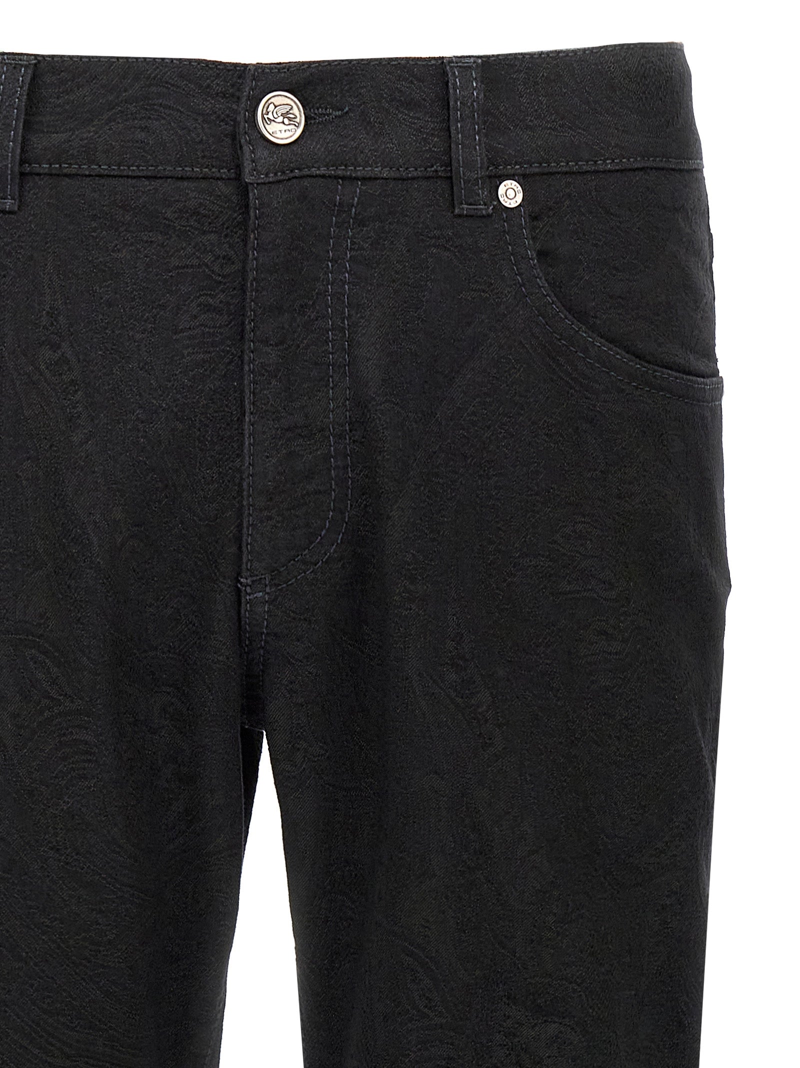 Jeans by Etro for men in stretch polyester denim cotton black, jacquard & signature features a polished silhouette with a polished , reaching a polished long and finished with a polished .