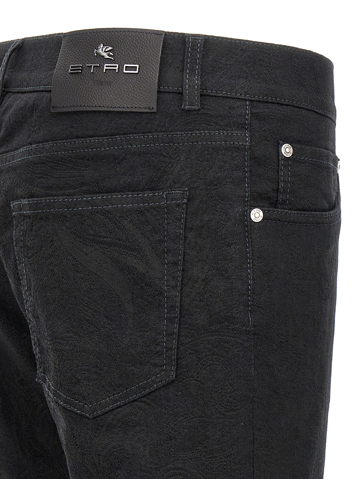 Jeans by Etro for men in stretch polyester denim cotton black, jacquard & signature presents a tailored silhouette, showcasing a tailored and long cut with a refined for a truly tailored aesthetic.