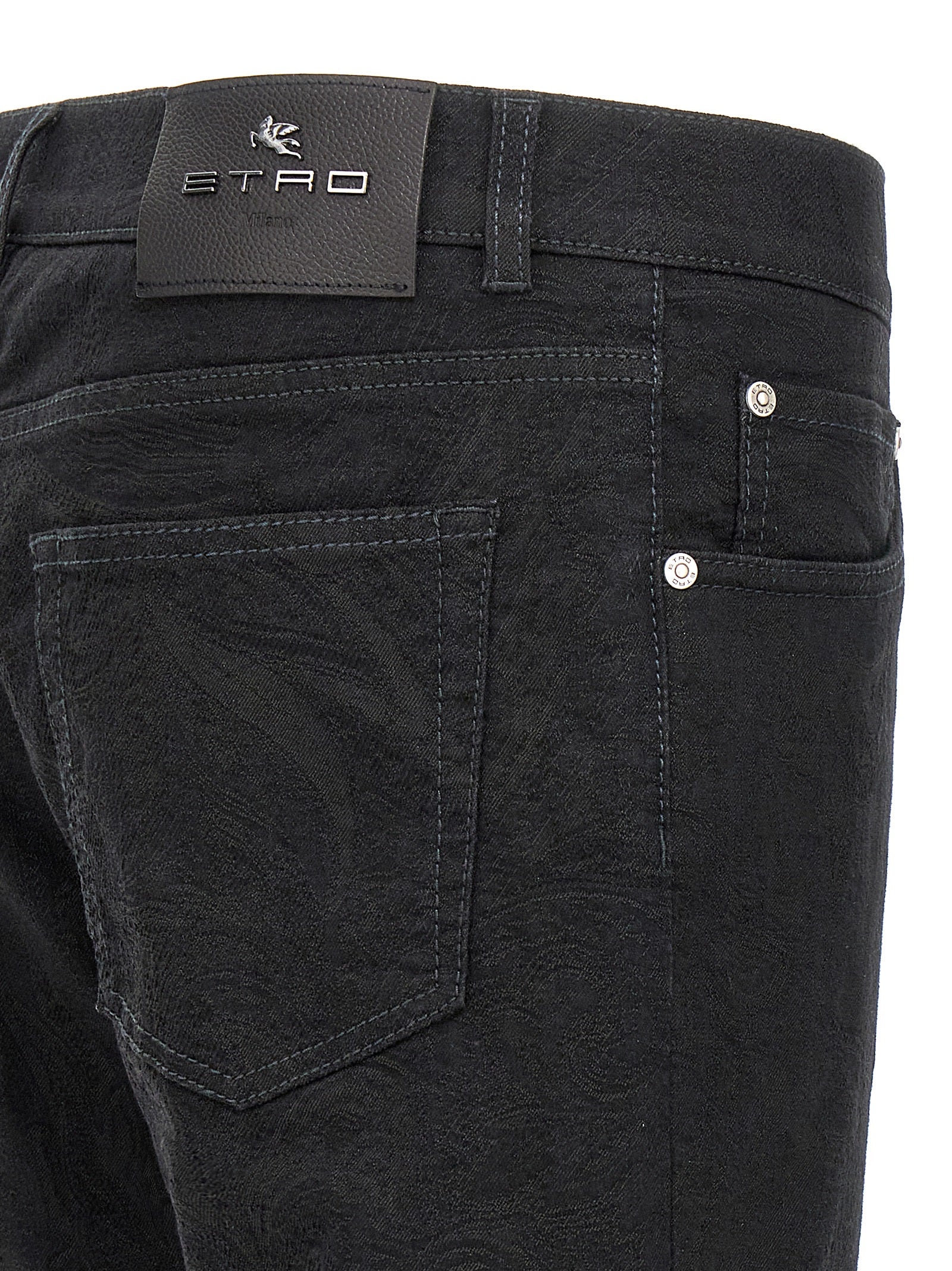 Jeans by Etro for men in stretch polyester denim cotton black, jacquard & signature presents a tailored silhouette, showcasing a tailored and long cut with a refined for a truly tailored aesthetic.