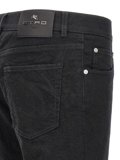 Jeans by Etro for men in stretch polyester denim cotton black, jacquard & signature presents a tailored silhouette, showcasing a tailored and long cut with a refined for a truly tailored aesthetic.